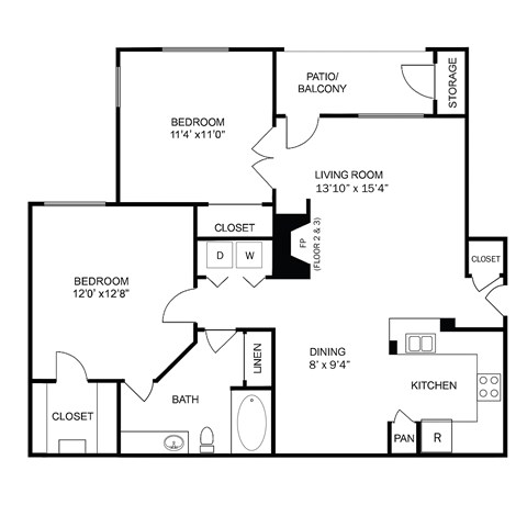 Floor plan for 2 beds, 1 bath, 880 sqft